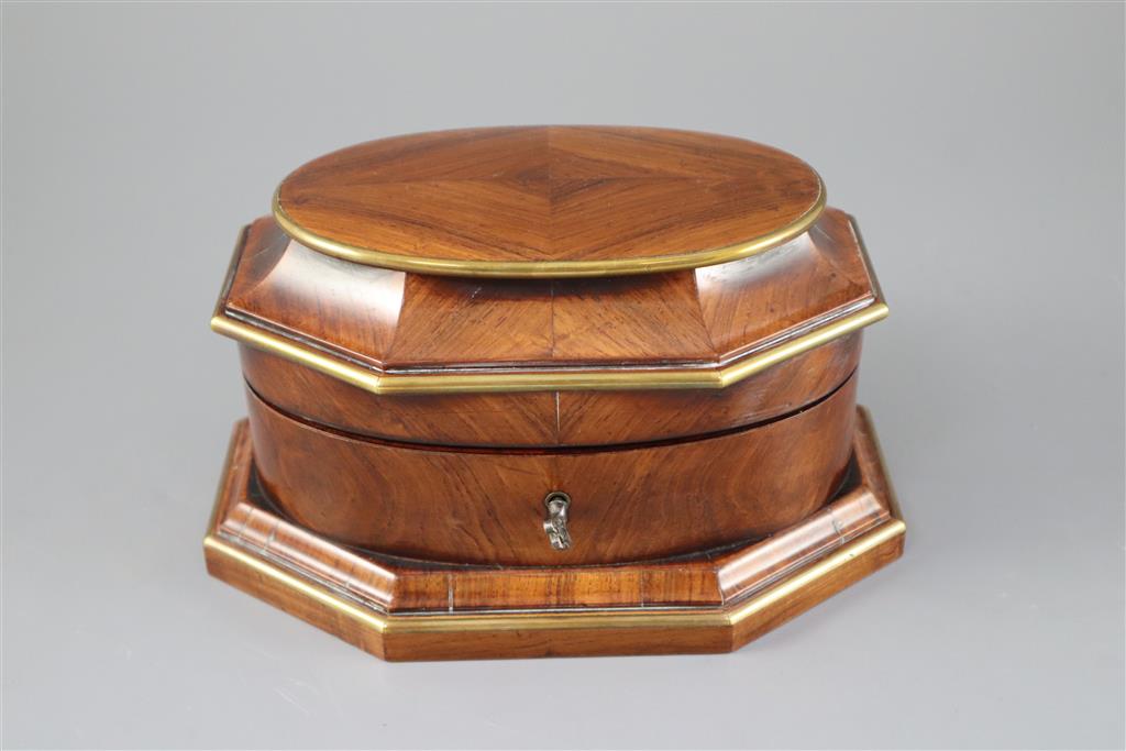 A late 18th century Dutch brass bound kingwood necessaire, width 8.5in. height 4.75in.